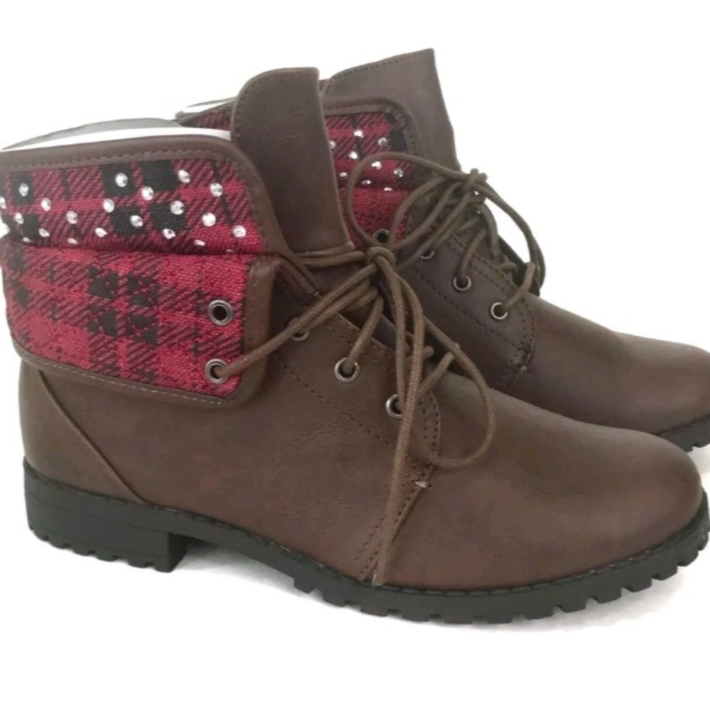 Red plaid brown leather lace- up booties for little girls